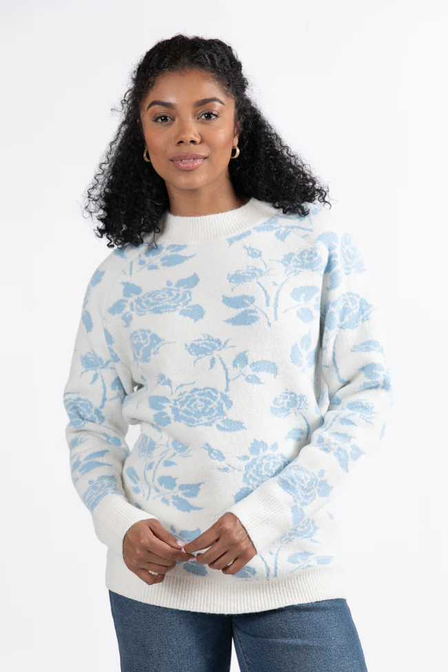 Feeling Like Love Ivory and Blue Floral Crew Neck Sweater FINAL SALE - Terpint
