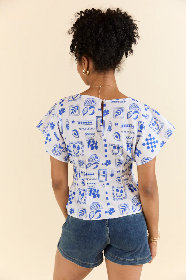 Missed You Blue Icon Printed Cinched Waist Woven Blouse FINAL SALE - Terpint