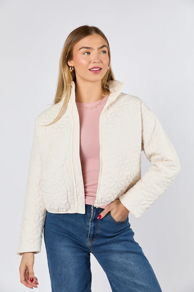 Full Bloom Cream Flower Quilted Zip Up Jacket FINAL SALE - Terpint