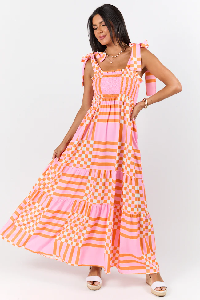 Get The Check Pink and Orange Printed Checkered Maxi Dress - Terpint
