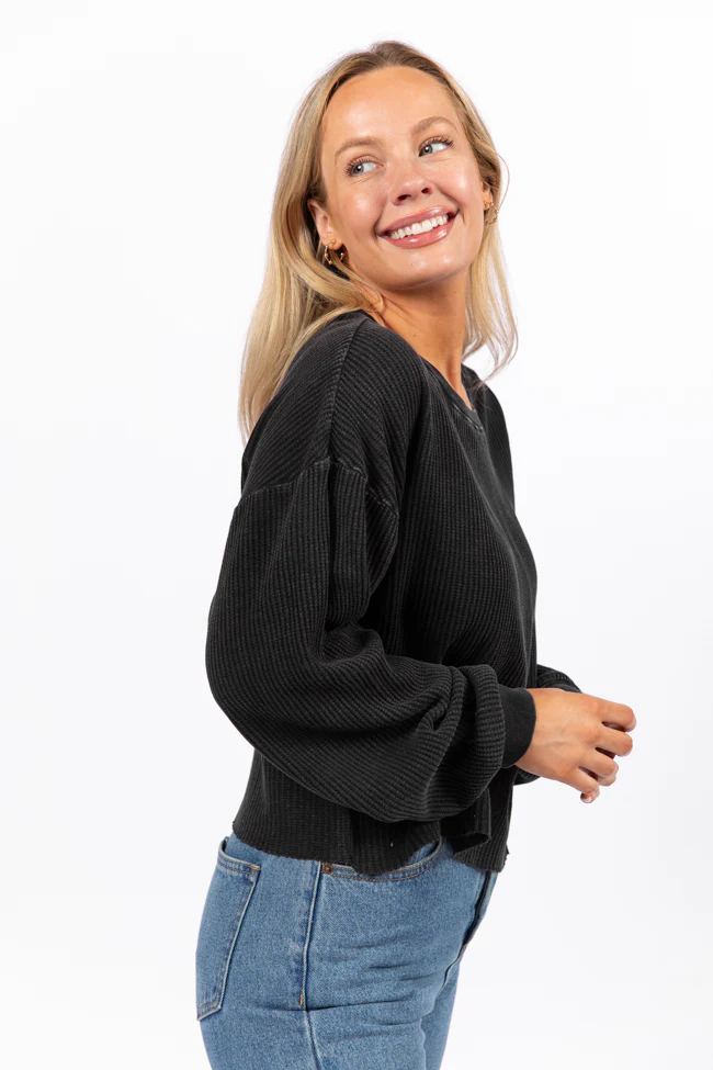 Fun and Games Black Acid Washed Waffle Long Sleeve Tee FINAL SALE - Terpint