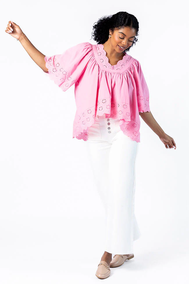 No Regrets Pink Eyelet Detail Popover Short Sleeve Blouse - Terpint