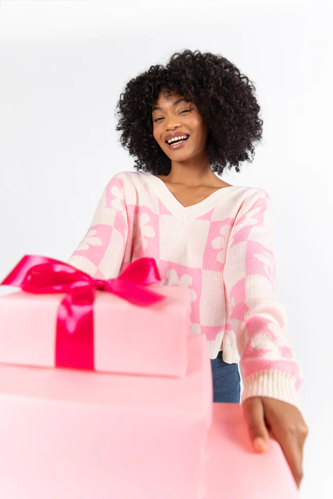 Found A New Way Pink V-Neck Checkered Flower Sweater FINAL SALE - Terpint