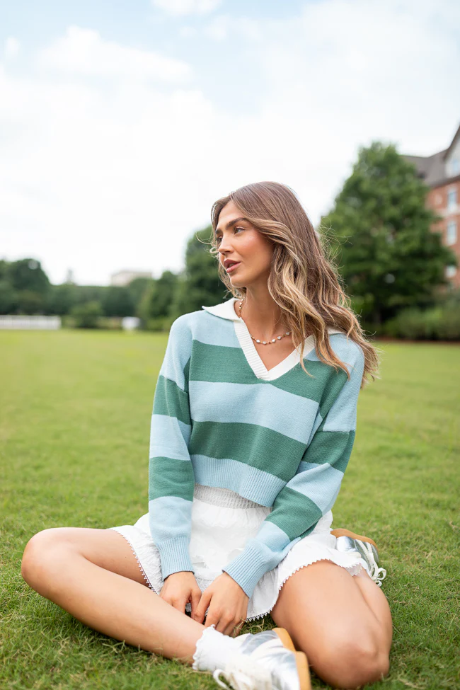 Hibiscus Blue and Green Striped Collared V-Neck Sweater - Terpint