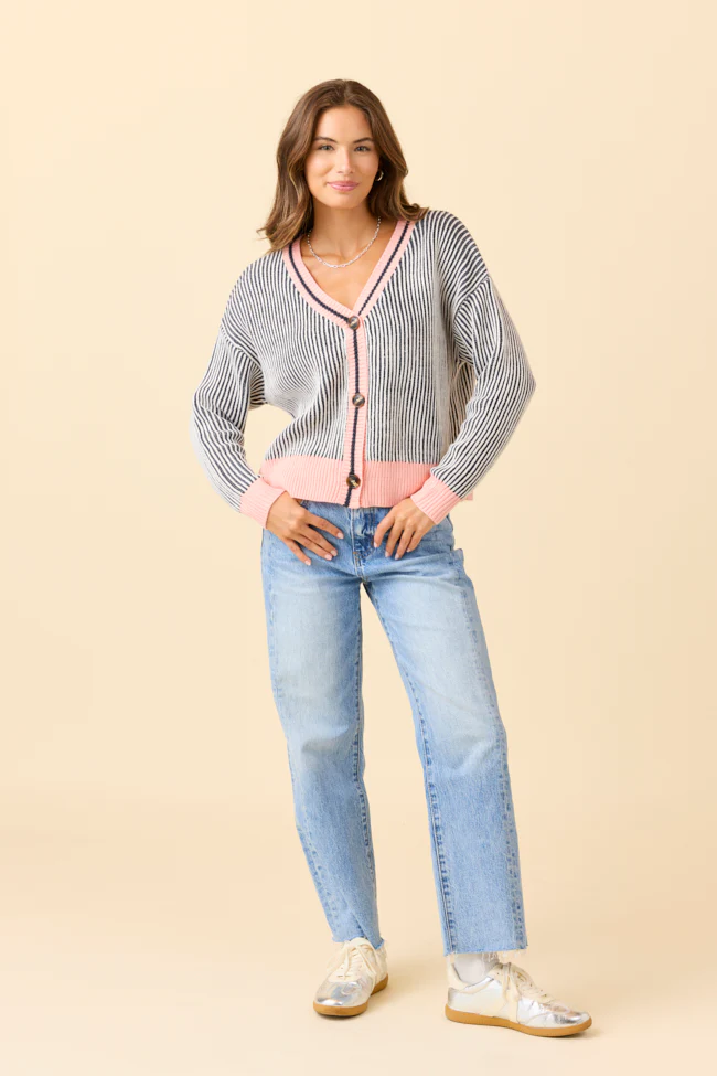 Alma Textured Navy Striped Knit Cardigan - Terpint