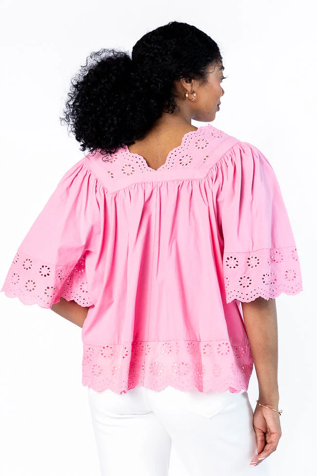 No Regrets Pink Eyelet Detail Popover Short Sleeve Blouse - Terpint