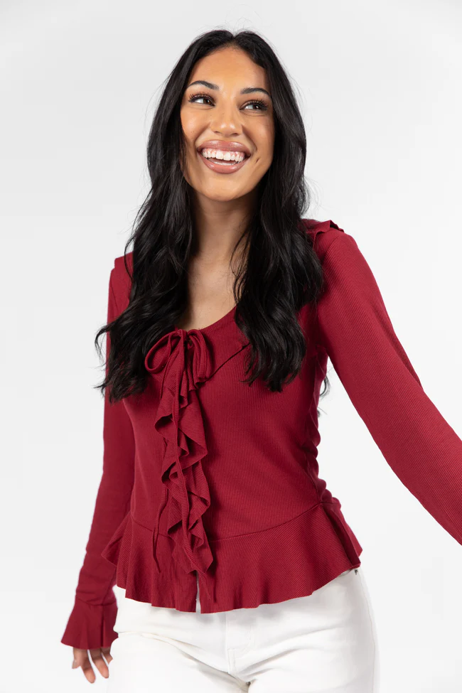 Treat You The Same Wine Ruffle Detail Ribbed Blouse FINAL SALE - Terpint