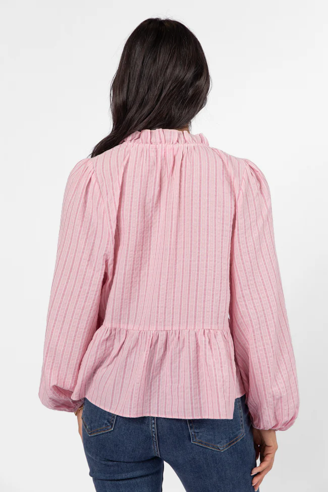 Oh My Darling Pink Stripe Notched Neckline Button Detail Peplum Blouse FINAL SALE - Terpint