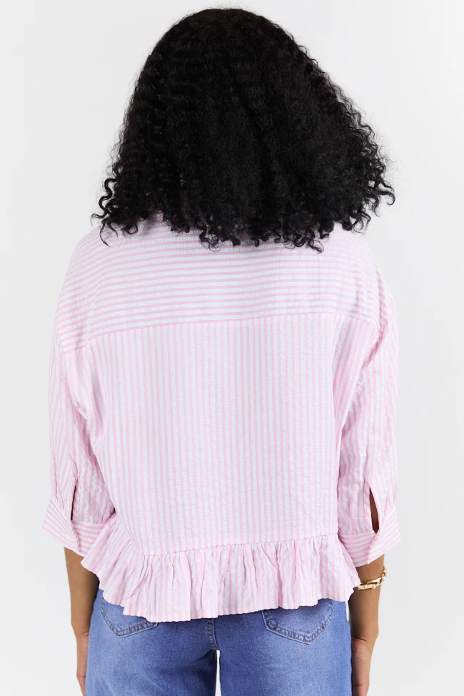 In Depth Pink Ruffle Hem Textured Stripe Button Down Top SALE - Terpint