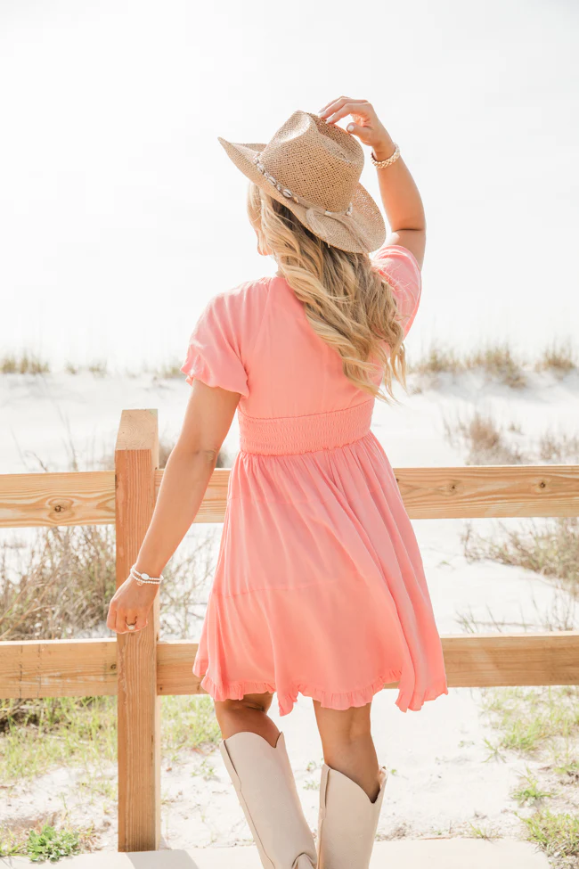 Urban Cowgirl Coral V-Neck Smocked Dress FINAL SALE - Terpint