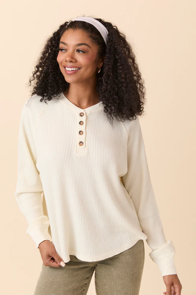 Abbie Long Sleeve Mineral Wash Cream Thermal Henley - Terpint