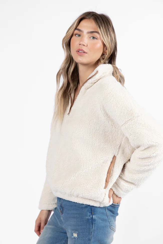 Stay Here Beige Contrast Trim Sherpa Pullover FINAL SALE - Terpint