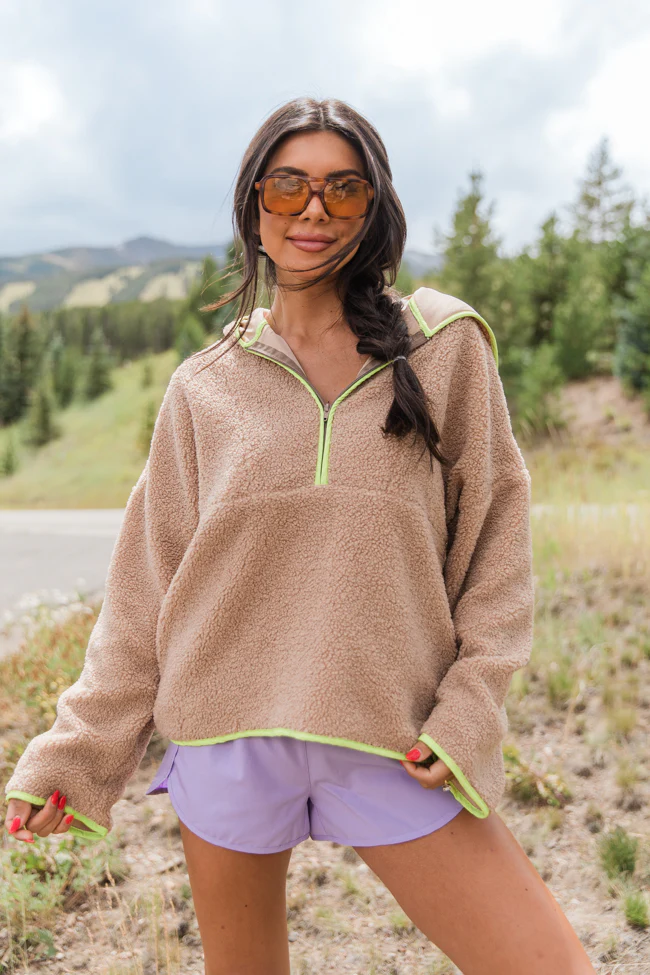 My Go To Taupe and Lime Sherpa Quarter Zip Hooded Pullover FINAL SALE - Terpint