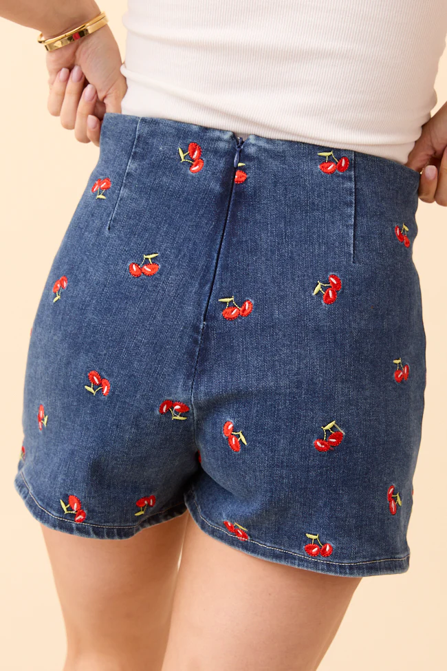 My Favorite Dark Wash Cherry Embroidered Side Slit Denim Skort - Terpint