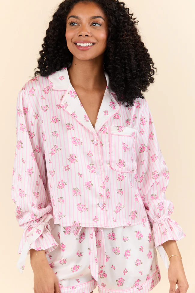 Sleep On My Side Pink Floral Satin Long Sleeve Pajama Top FINAL SALE - Terpint
