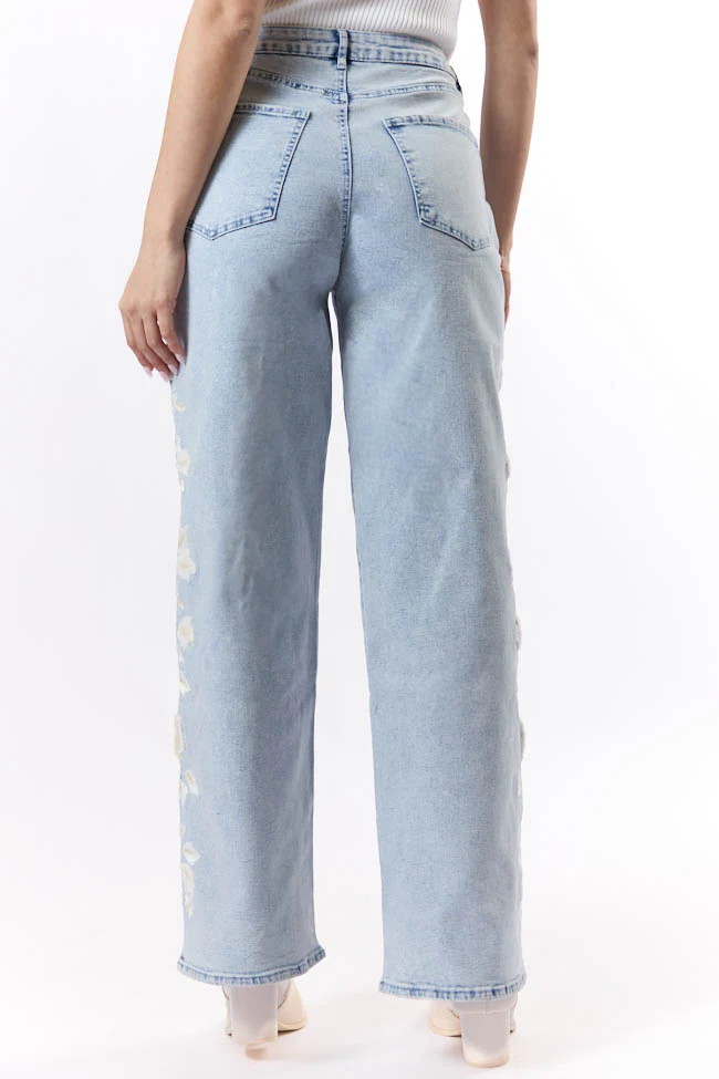 Daisy Light Wash Floral Embroidered Wide Leg Jeans FINAL SALE - Terpint