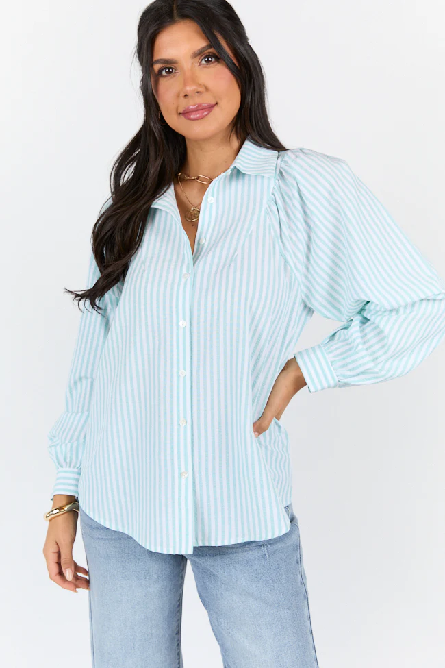 Here Lately Green Striped Button Down Top SALE - Terpint