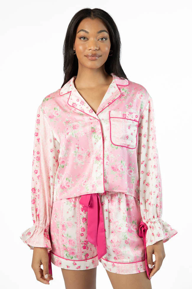 Don't Wake Me Up Pink Multi Floral Long Sleeve Satin Pajama Top SALE - Terpint