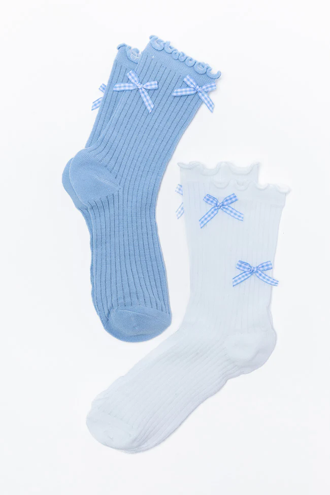 White and Blue Gingham Bow Sock Set DOORBUSTER - Terpint