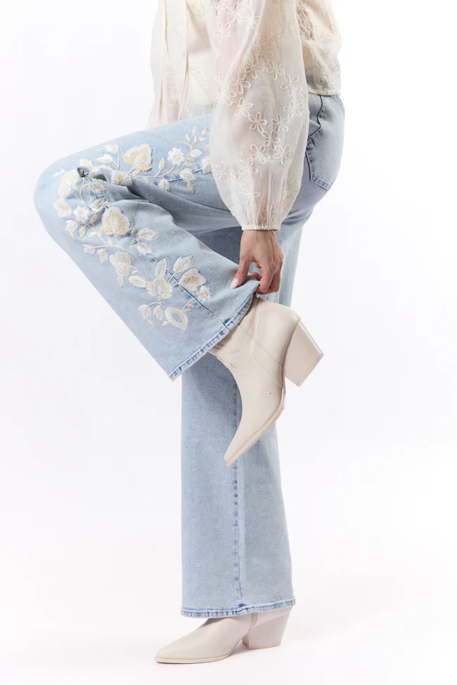 Daisy Light Wash Floral Embroidered Wide Leg Jeans FINAL SALE - Terpint