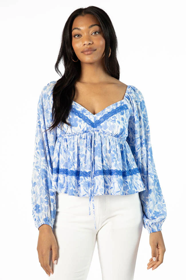 In My Dreams Blue Lace Trim Floral Blouse SALE - Terpint