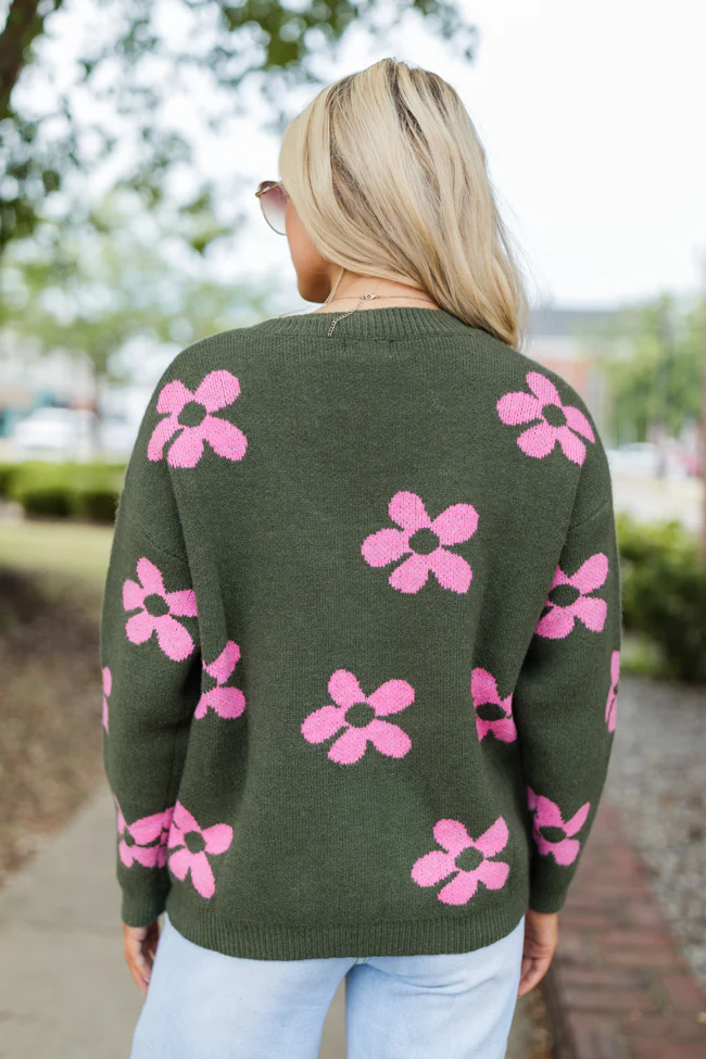 Keep You Around Olive and Pink Floral V-neck Sweater FINAL SALE - Terpint
