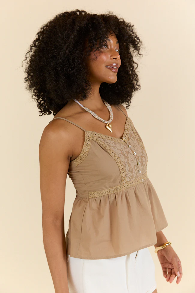 Boho Beat Brown Lace Detail Button Down Tank SALE - Terpint