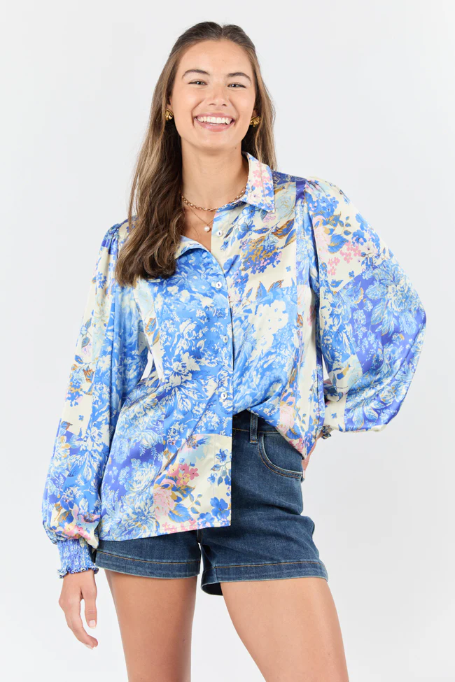 I've Been Waiting Blue Floral Patch Print Satin Button Down Blouse FINAL SALE - Terpint