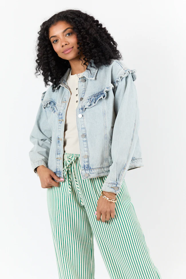 Told You So Light Wash Ruffle Trim Denim Jacket DOORBUSTER - Terpint