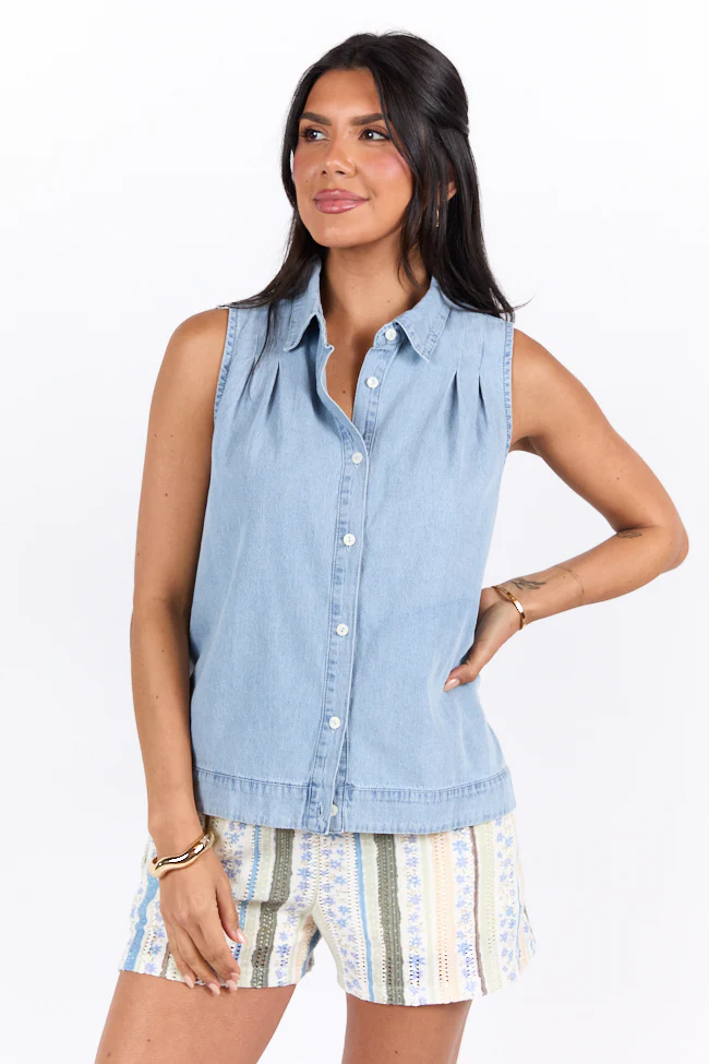Smooth Sailing Light Wash Sleeveless Collared Chambray Tank SALE - Terpint