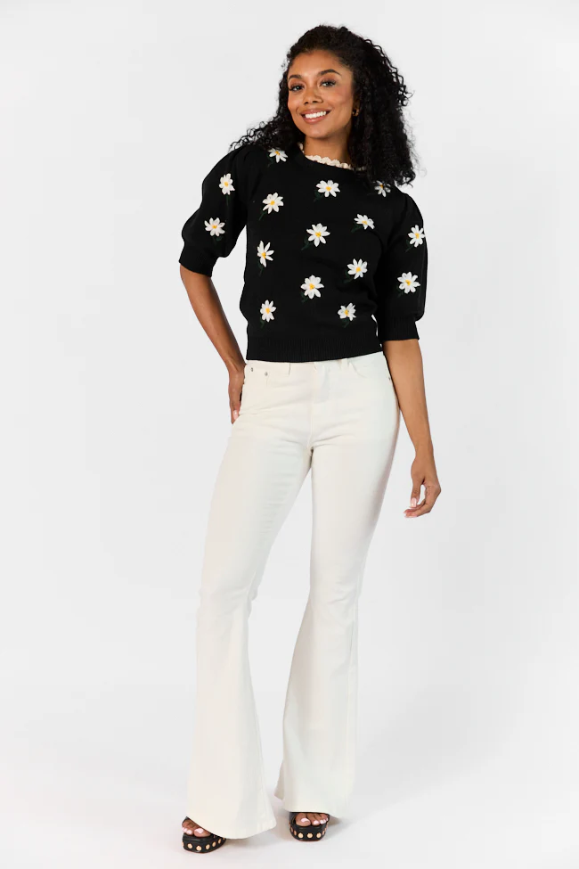 Around The Garden Black Floral Embroidered Lace Trim Short Sleeve Sweater FINAL SALE - Terpint