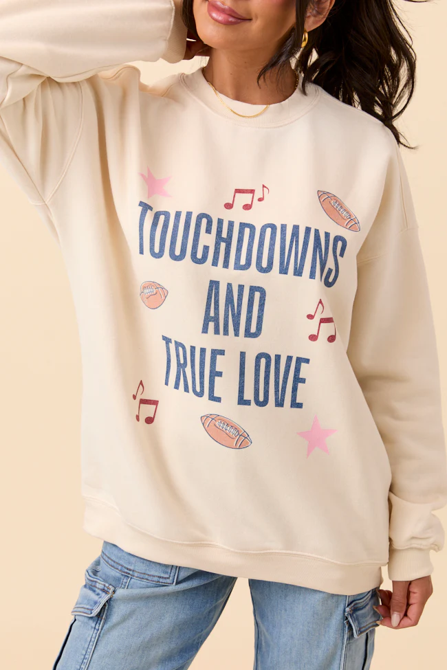 Touch Downs And True Love Cream Graphic Sweatshirt - Terpint