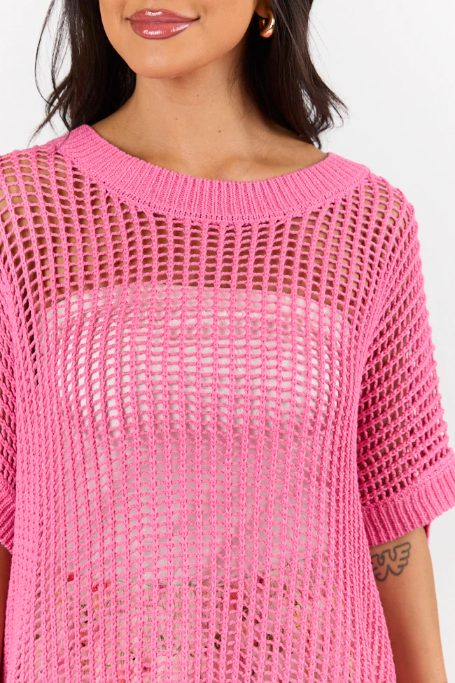 Wave Of Relief Pink Short Sleeve Open Knit Cover Up Sweater FINAL SALE - Terpint