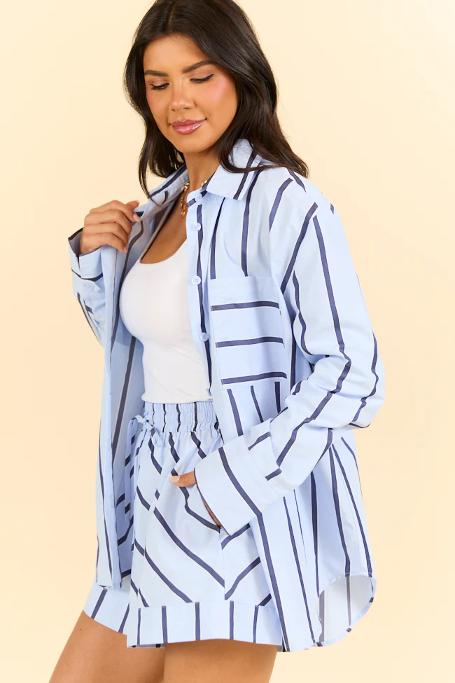Stay Anchored Light Blue Stripe Button Down Shirt and Shorts Set - Terpint