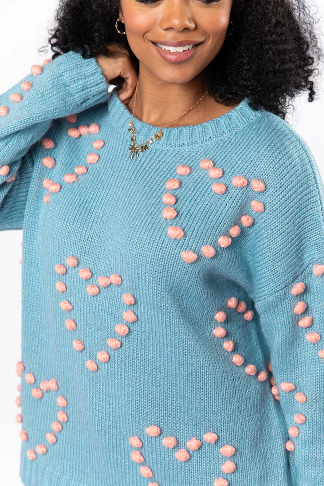 Adore You Blue and Pink Oversized Heart Pom Sweater FINAL SALE - Terpint