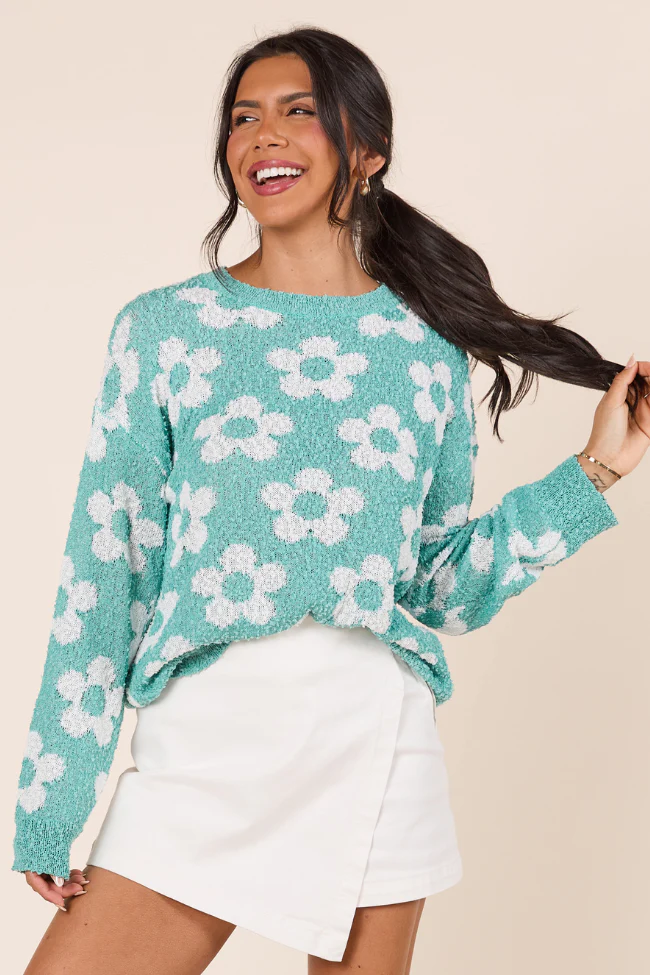 Teagan Long Sleeve Blue Floral Print Sweater - Terpint