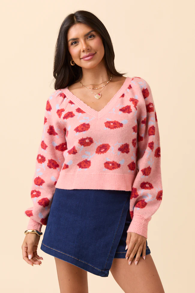 Amara Long Sleeve Blush Floral V Neck Sweater - Terpint