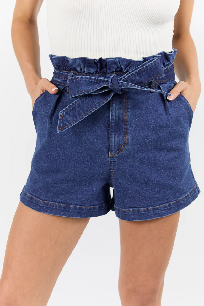 What's New Dark Wash Paperbag Waist Belted Denim Shorts FINAL SALE - Terpint
