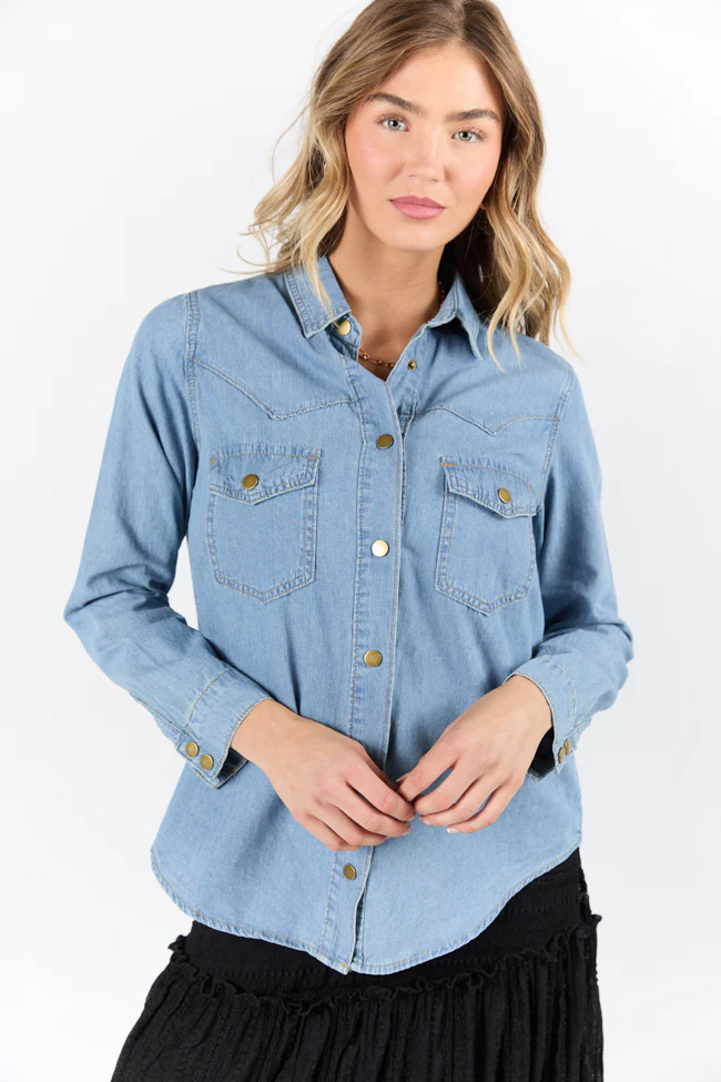 Gussied Up Yoke Detail Chambray Button Down Shirt - Terpint