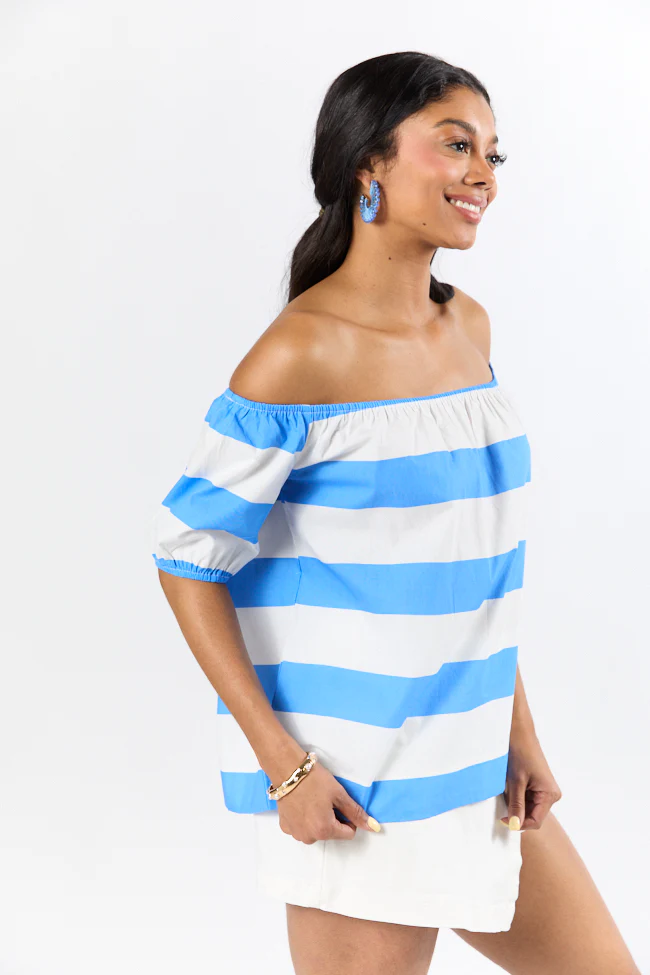 Never Want To Leave Blue Oversized Stripe Off The Shoulder Top FINAL SALE - Terpint