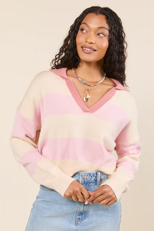 Hibiscus Pink and Cream Striped Collared V-Neck Sweater - Terpint