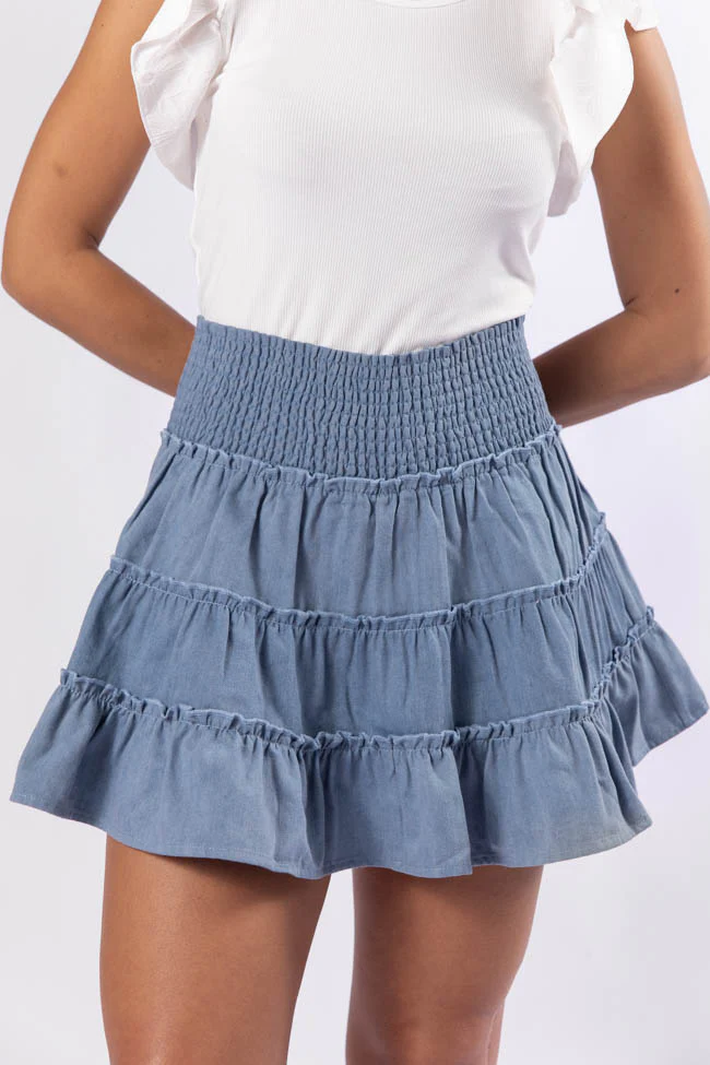 Through The Garden Medium Wash Chambray Mini Skort SALE - Terpint