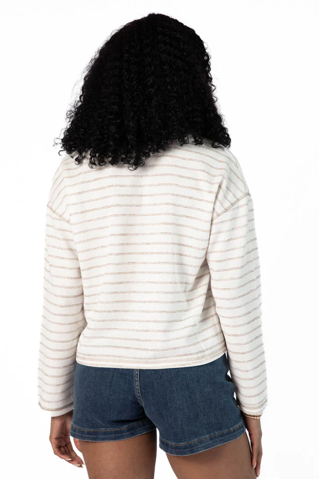 Many Beginnings Cream and Beige Striped Notched Neck Tee FINAL SALE - Terpint