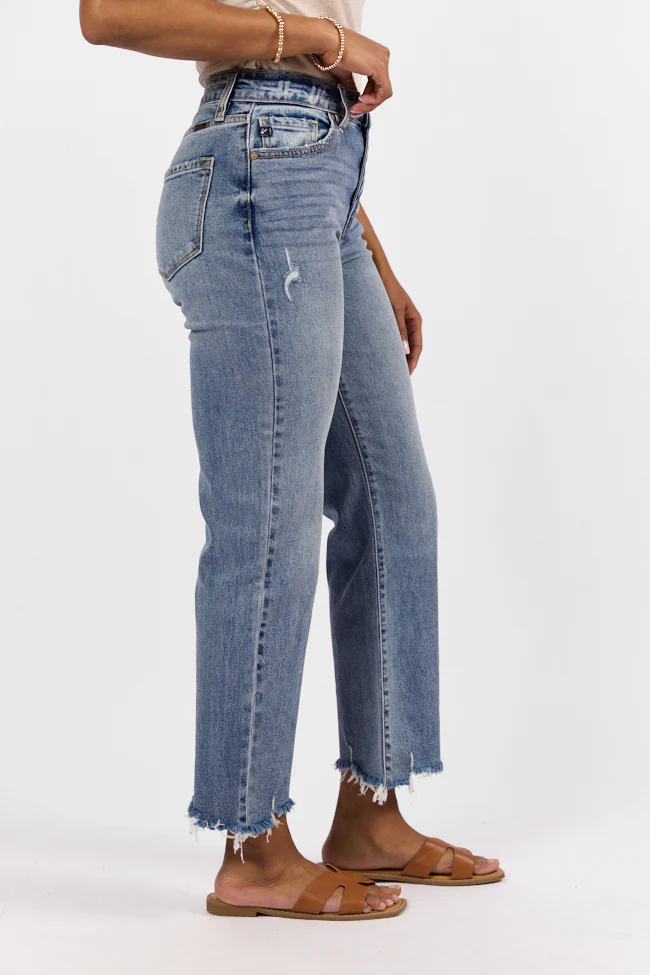 Briauna Light Wash Distressed Hem Ankle Length Wide Leg Jeans DOORBUSTER - Terpint