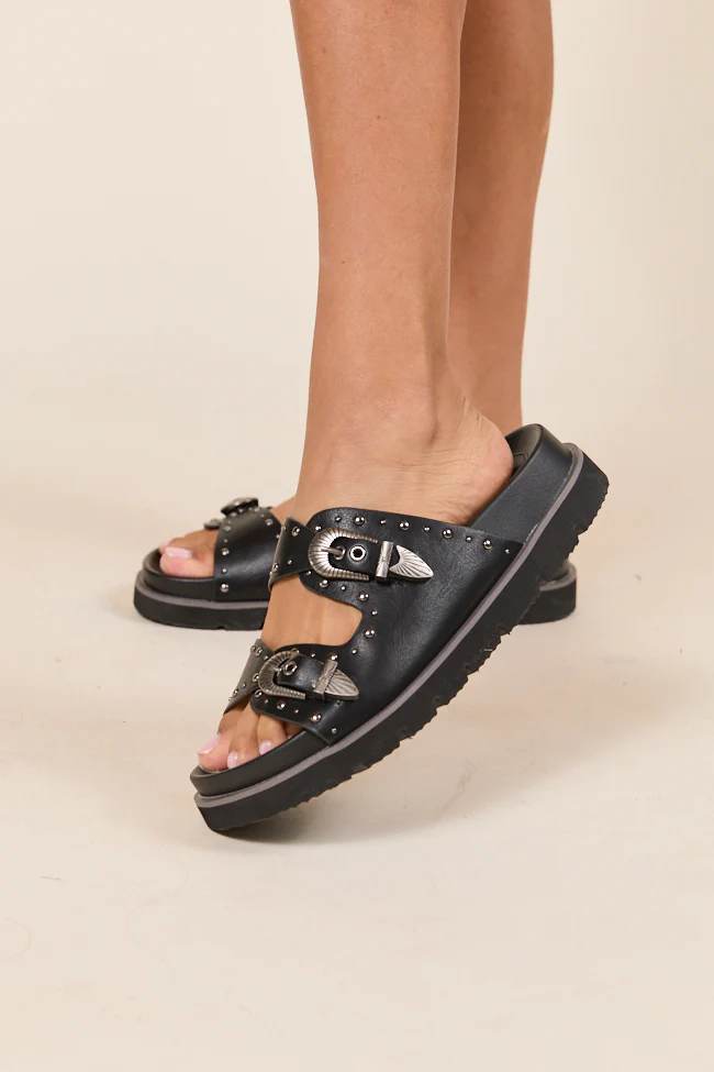 Effie Black Buckle Slide Sandals - Terpint