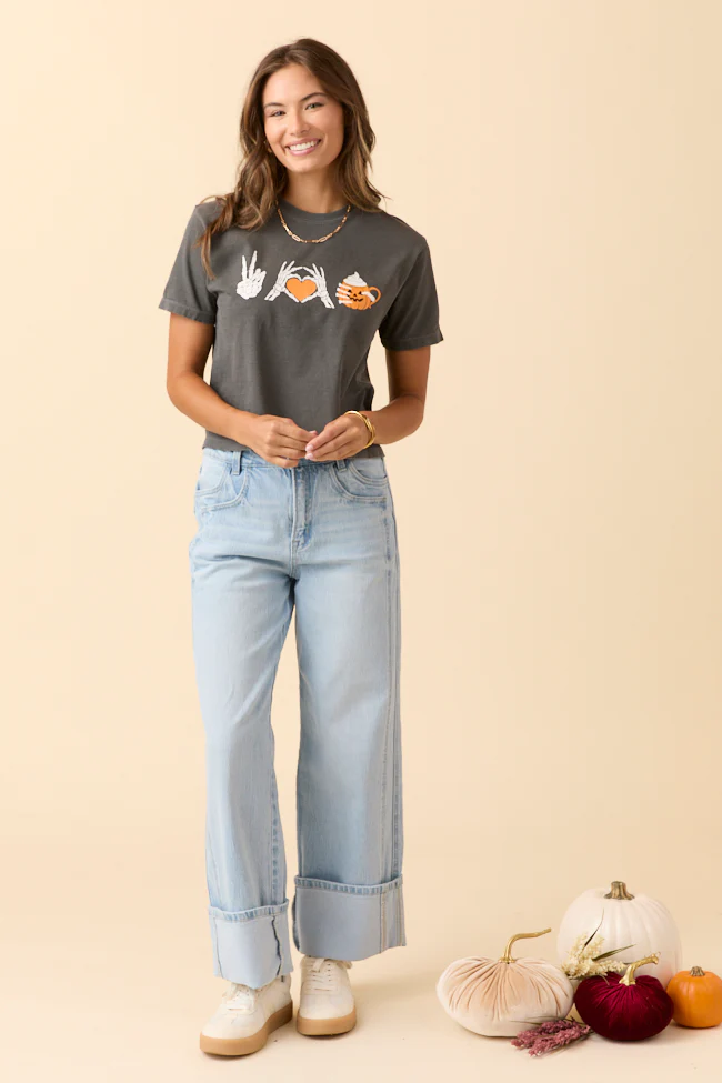Peace, Love, and Pumpkin Spice Latte Dark Grey Boxy Graphic Tee - Terpint