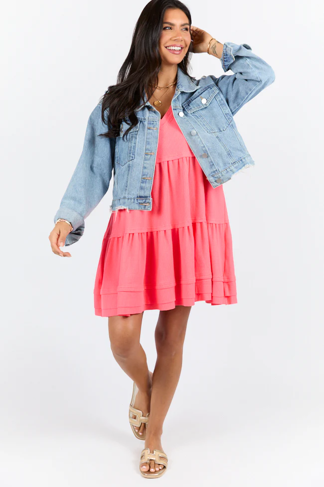 Planning Ahead Coral Waffle Knit Short Sleeve V-neck Dress SALE - Terpint