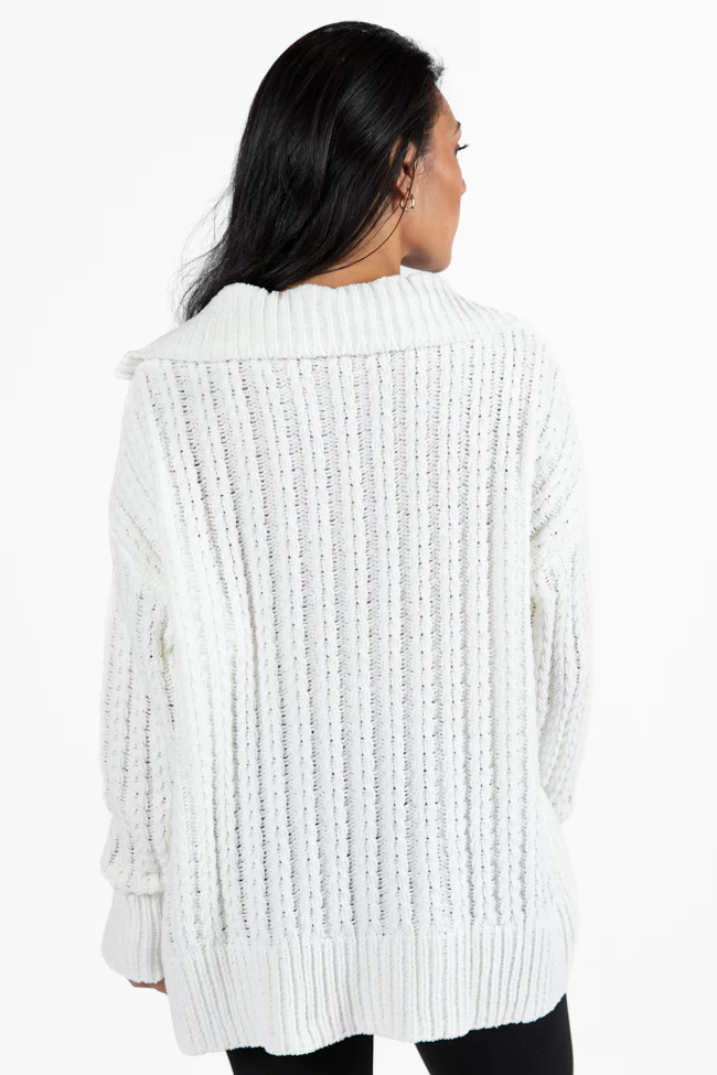 Forever Yours White Cable Knit Chenille Quarter Zip Sweater FINAL SALE - Terpint