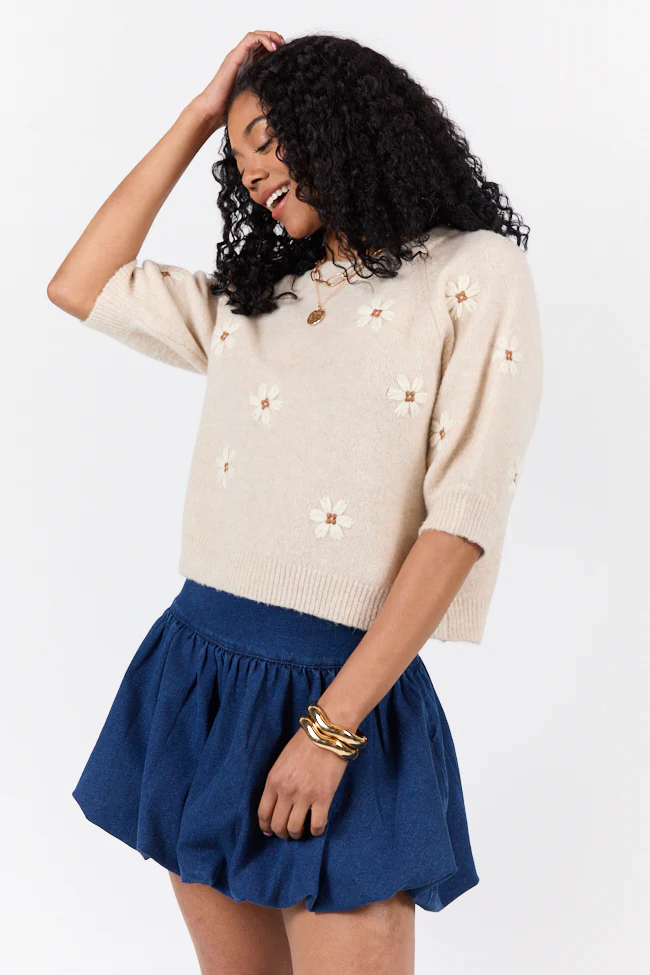 So Into You Oatmeal Short Sleeve Floral Embroidered Sweater - Terpint
