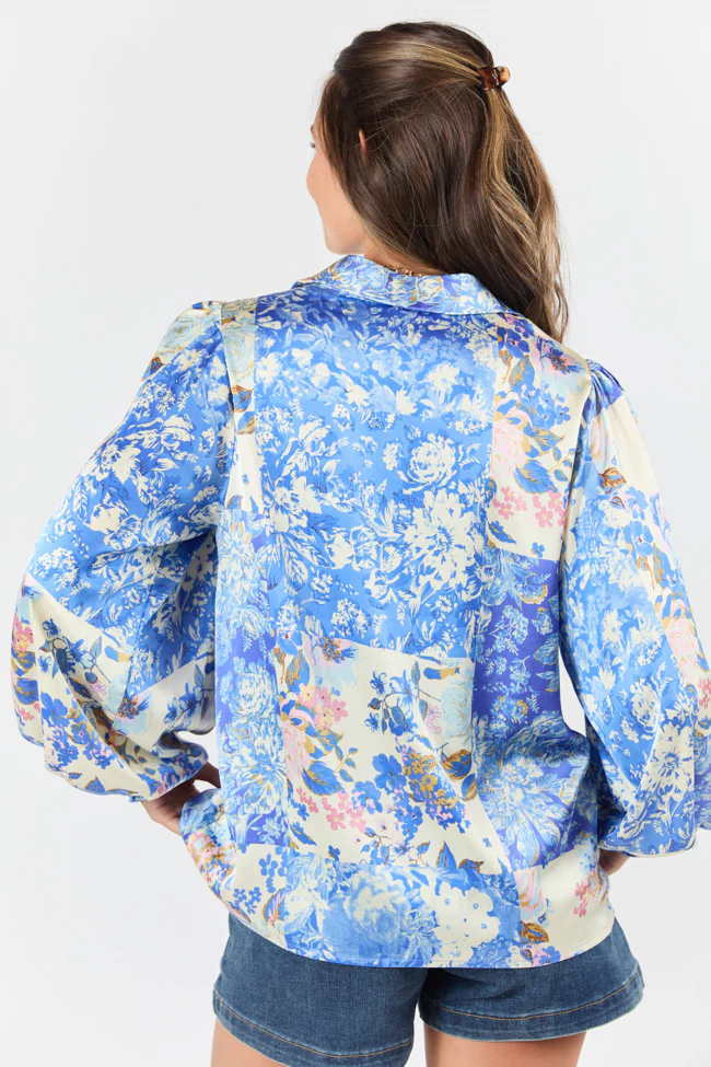 I've Been Waiting Blue Floral Patch Print Satin Button Down Blouse FINAL SALE - Terpint